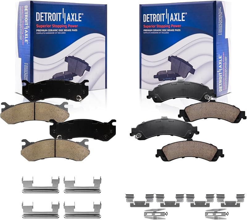 Pastilhas de freio cerâmicas dianteiras e traseiras Detroit Axle P-785 + P-834-DA para Chevrolet, GMC e Cadillac – 4 unidades