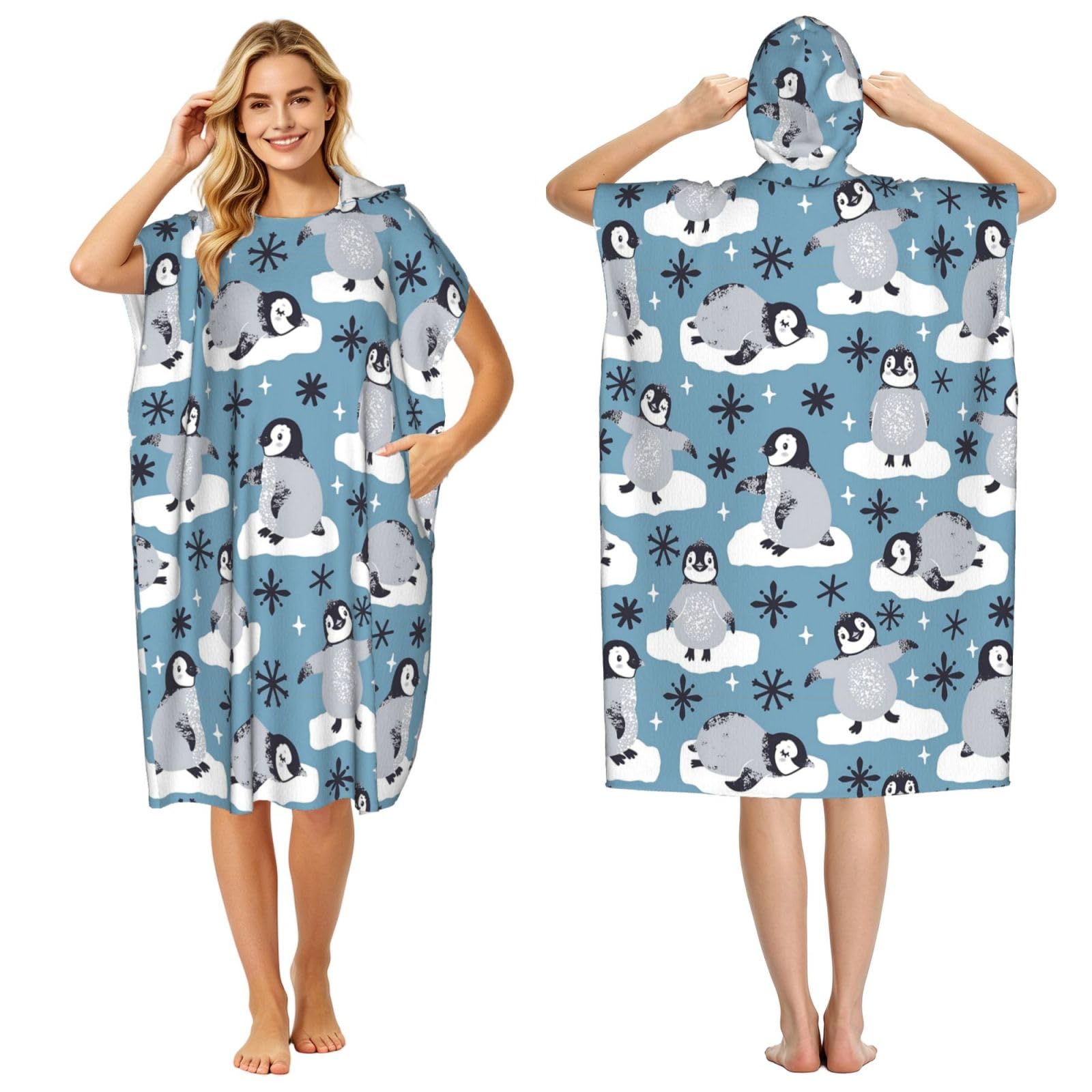 Poadnly Cute Penguins And Snowflakes, Adult Hooded Beach Towel 90 x 110 cm,Changing Bath Robe, Surf Poncho Towel For Women Men