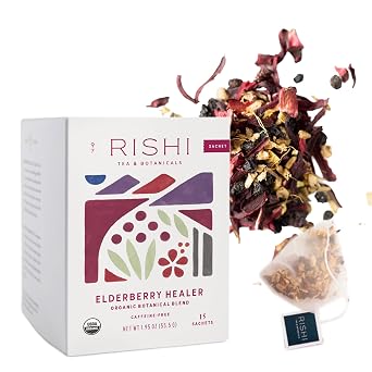 Rishi Tea Elderberry Healer Organic Herbal Tea Bags, Caffeine Free, 15ct | Antioxidant-Rich with Ginger and Hibiscus, Sustainable, 15 Servings