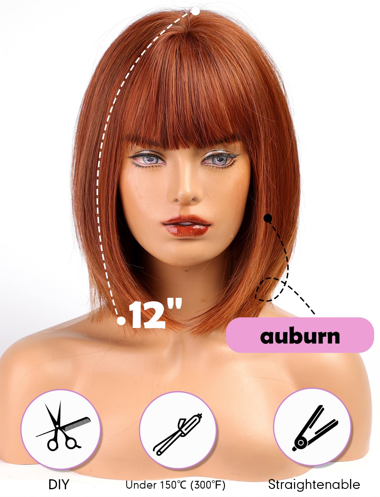 Workstar Auburn bob Wigs for Women Synthetic Wig with Fringe, 22 pollici - Image 3