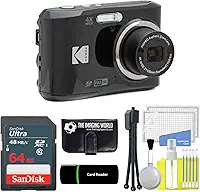 The Imaging World Câmera Digital Kodak Pixpro Fz45 De 16 Mp, Zoom Óptico 4X, Grande Angular 27 Mm, Vídeo Full Hd 1080P, Lcd 2,7" (Preto) + Leitor Cartão 64 Gb E Carteira Memória, Kit Limpeza Tripé