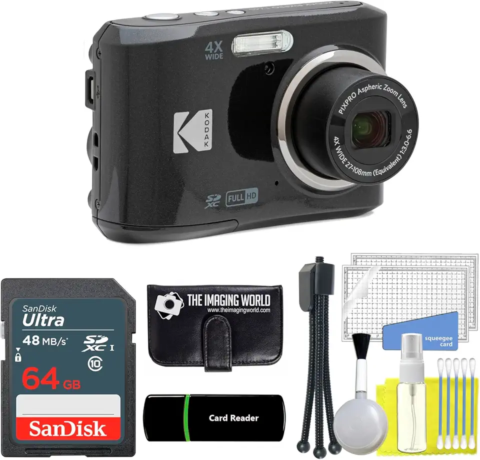 The Imaging World Câmera Digital Kodak Pixpro Fz45 De 16 Mp, Zoom Óptico 4X, Grande Angular 27 Mm, Vídeo Full Hd 1080P, Lcd 2,7" (Preto) + Leitor Cartão 64 Gb E Carteira Memória, Kit Limpeza Tripé
