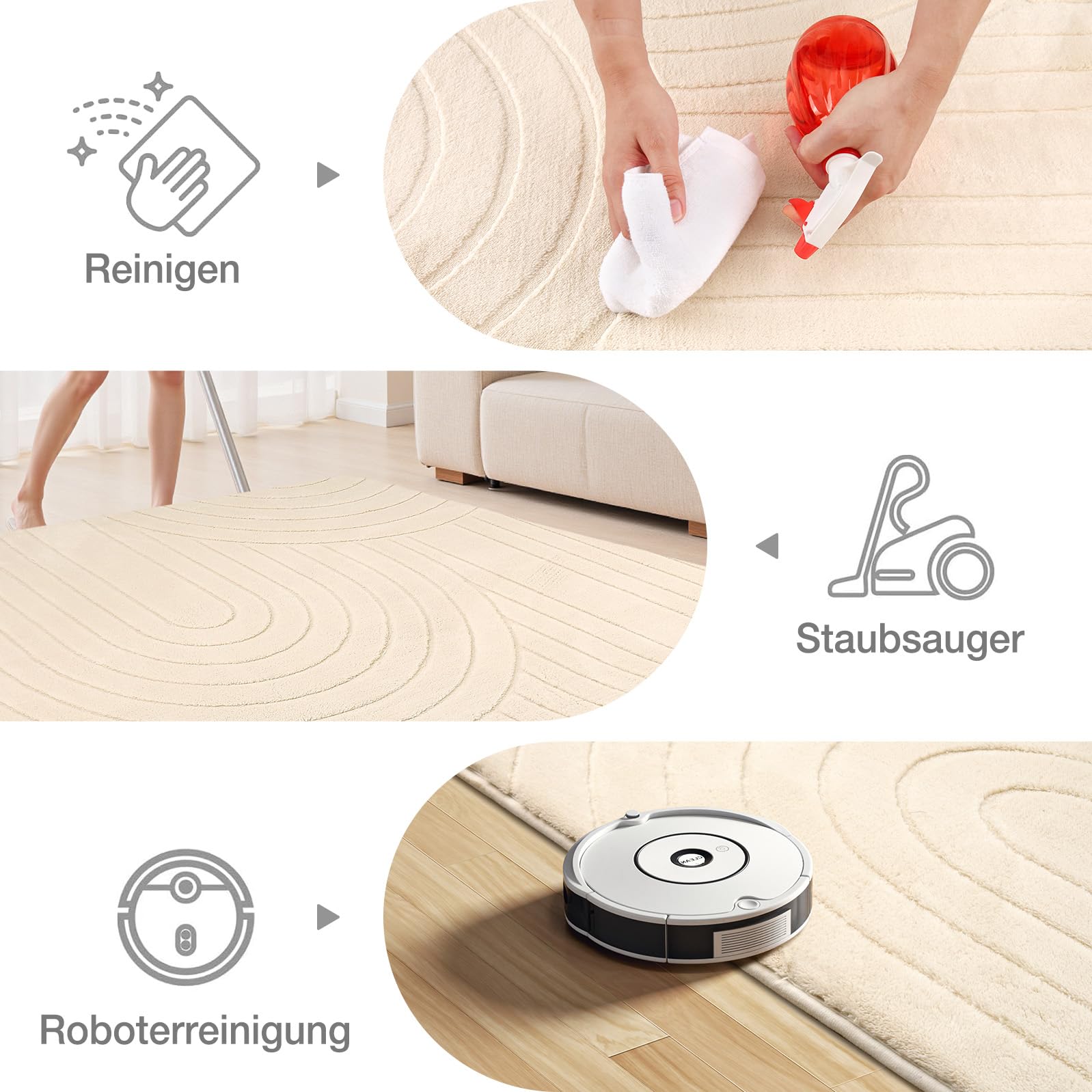 Treeboy Kurzflor Teppich Wohnzimmer, Teppich Groß 200 x 300 cm, 3D Halbkreismuster Carpet Beige Waschbarer Teppiche Schlafzimmer Flauschige Rugs, Teppiche Gegend Mit Rutschmatte