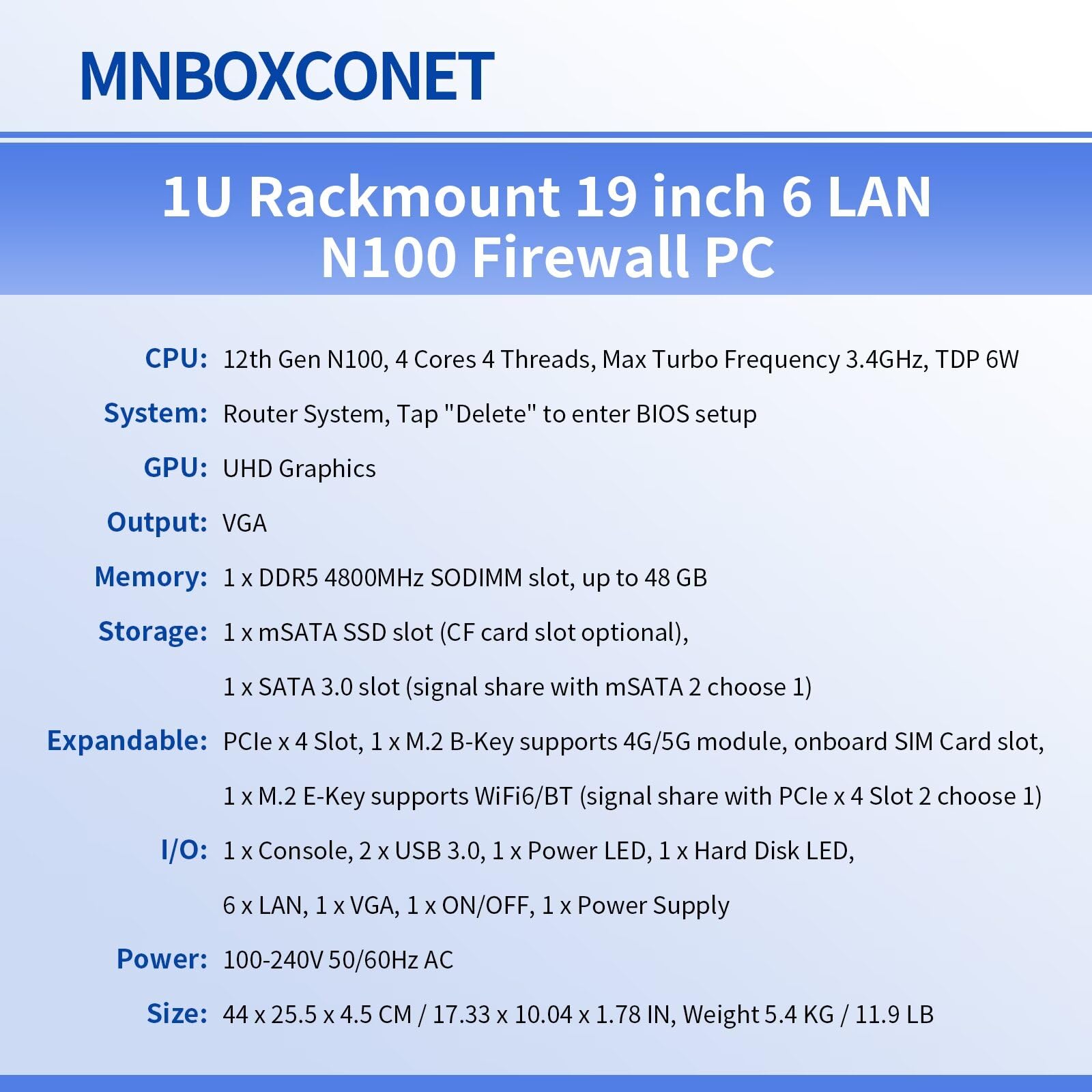 Serveur 1U Rackmount 19'' Firewall Router Appliance N100, 6 x i226V Gigabit Ethernet Console OPNsense, VPN, Network Appliance, VGA, USB 3.0, GPIO, Barebone NO RAM NO SSD