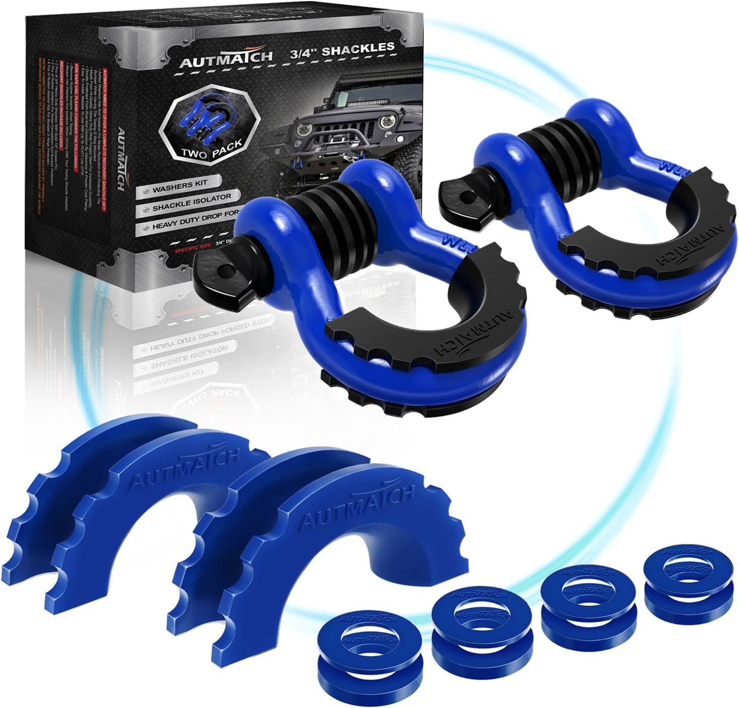 AUTMATCH 3/4" D-Ring Shackles (2 Pack) 41,887Ibs Break Strength with 7/8" Screw Pin and Shackle Isolator Washers Kit for Tow Strap Truck Off Road Vehicle Recovery, Blue & Black