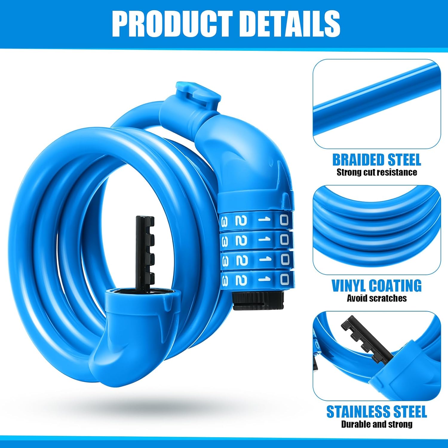 Hotop 8 Pcs Bike Locks Bulk High Security 4 Digit Heavy Duty Bicycle Cable Locks with Mounting Bracket 4 Ft Resettable Coiling Bike Lock with Combination, 1/2 Inch Diameter(Blue)