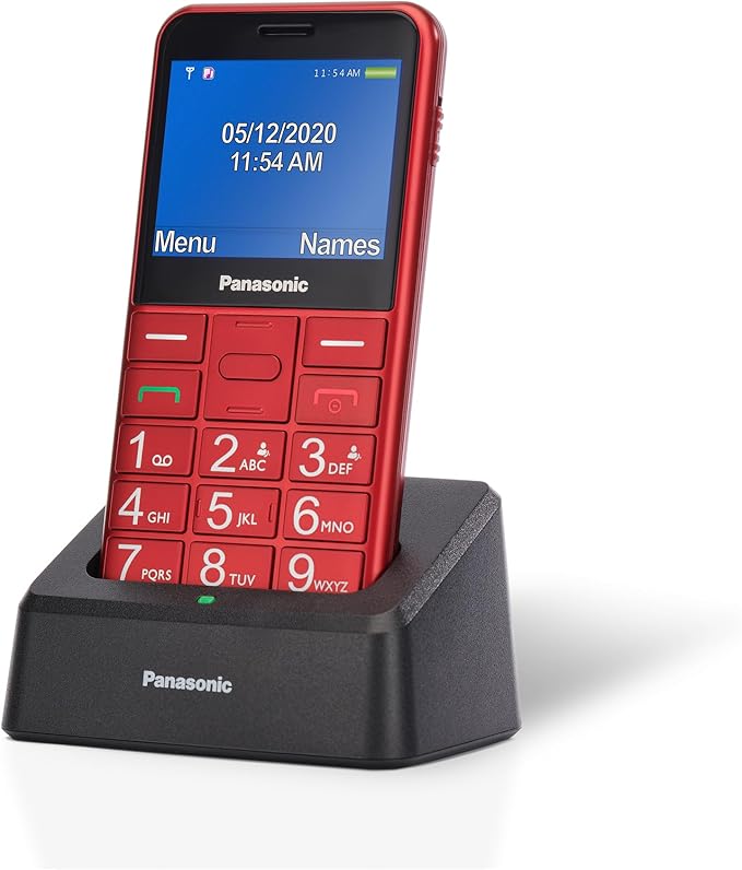 Panasonic KX-TU155EXRN Teléfono Móvil para Personas Mayores, Llamada Prioritaria, Teléfono con Botones Grandes, Compatible con Audífonos, Bluetooth, Radio FM, Cámara, Base de Carga, Rojo
