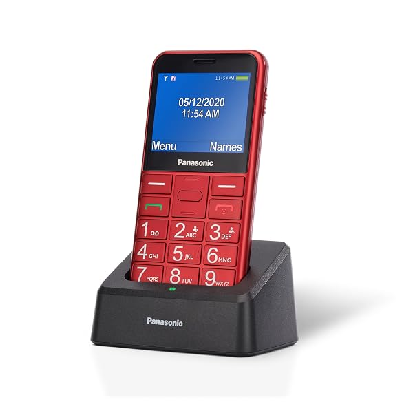 Panasonic KX-TU155EXRN Cellulare per Anziani, Pulsante SOS, Pulsanti Grandi, Compatibile Apparecchi Acustici, Bluetooth, Radio FM, Fotocamera, Base di Ricarica, Rosso