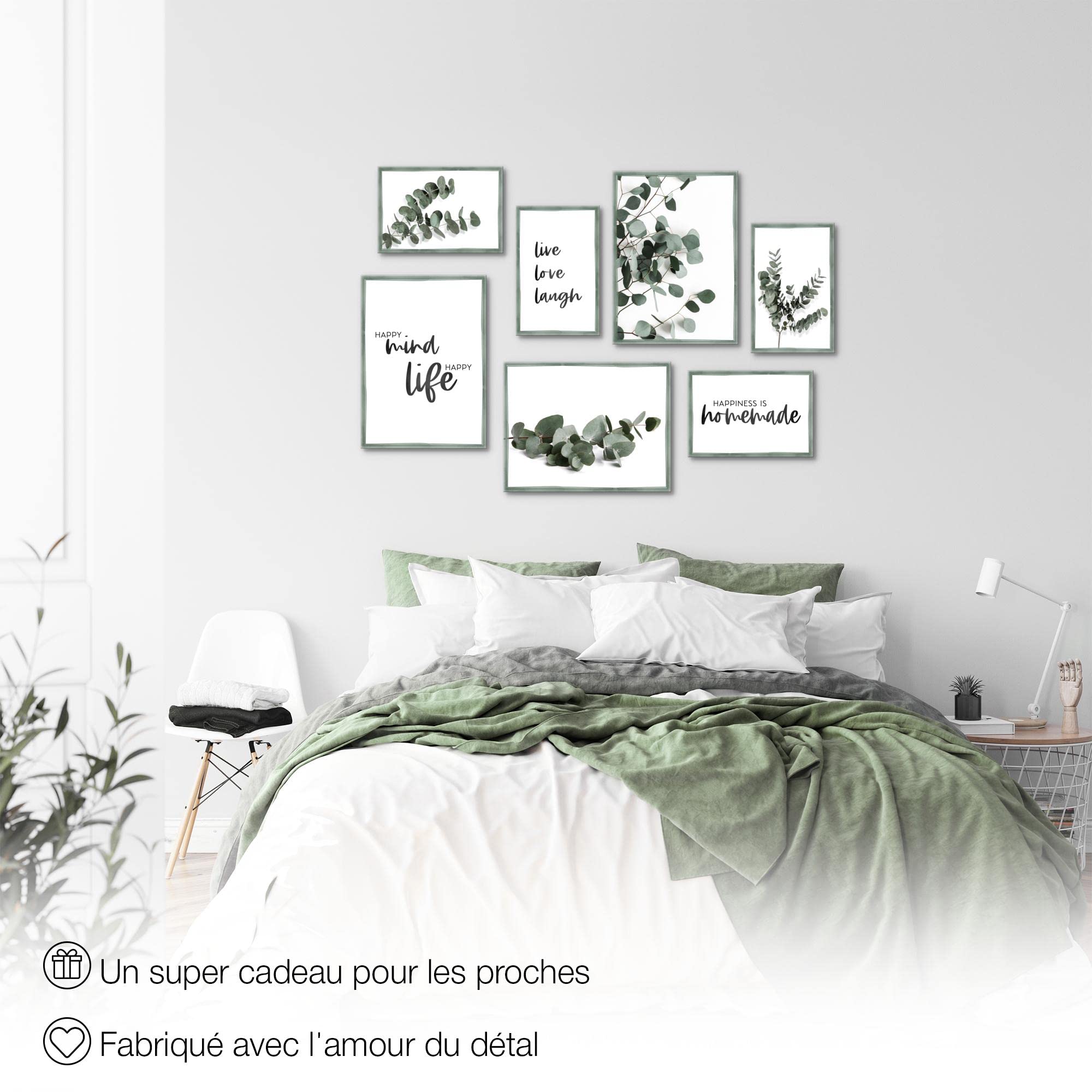 Novart- Tableau Décoration Murale- Great Love- Decoration Chambre Salon- Prêt à être Accroché- 7 Cadres de 30x40 & 20x30 cm- Vert- N003771b