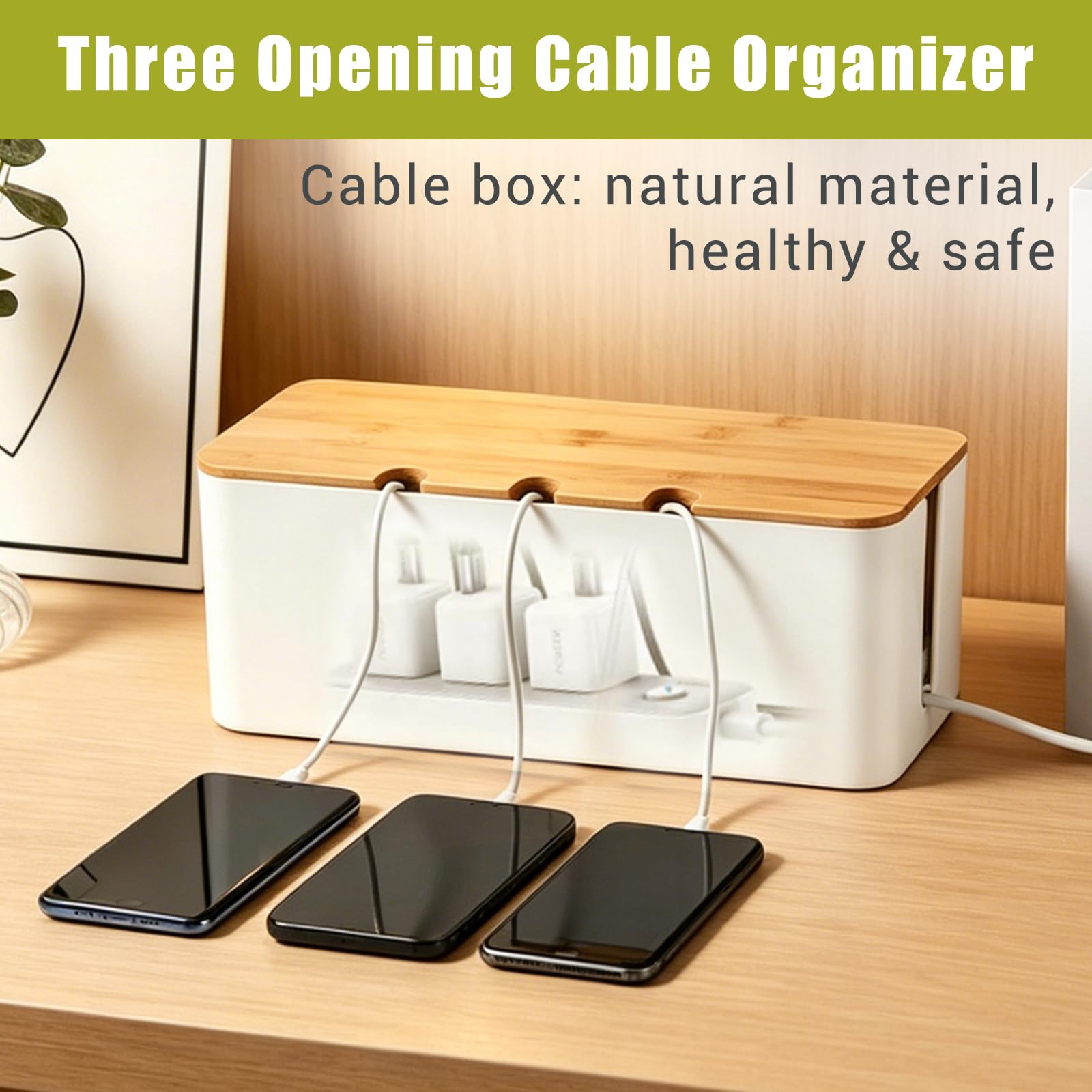 Set da 3 Scatola Porta Cavi, Scatola Nascondi Cavi Organizer per Multipresa, per Scrivania, Prese Elettriche, Casa e Ufficio, Coperchio in Bambù e Design Perforato