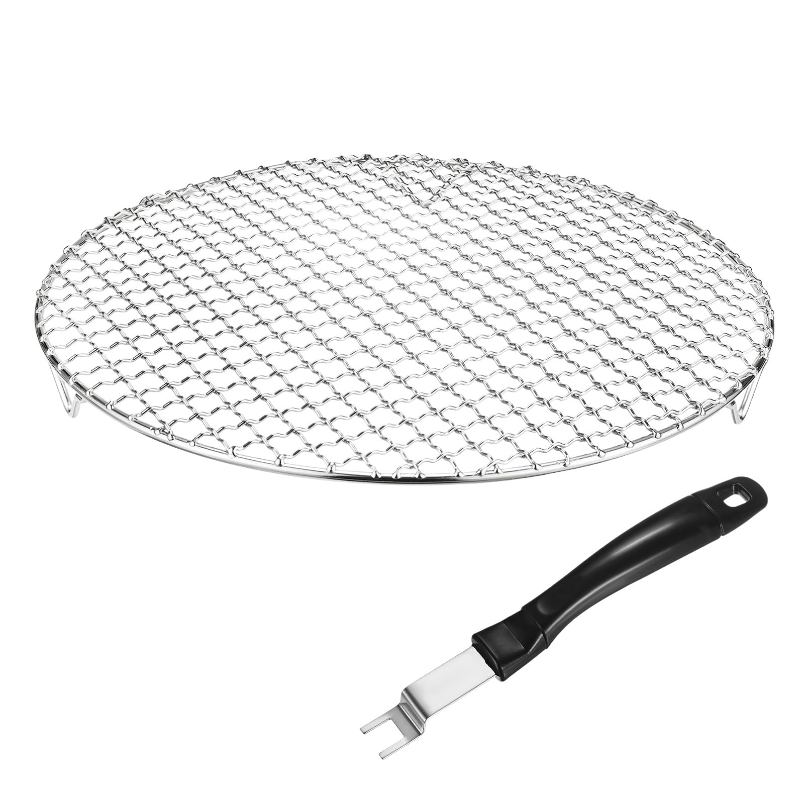 M METERXITY 2-Pack Cooling Rack, 12.2" Round 201 Stainless Steel Baking Rack with Grill Grate Lifter Gripper for Grilling/Cooking/Steaming/Baking, Cross Wire Grate Cooling Rack [Silver Tone]