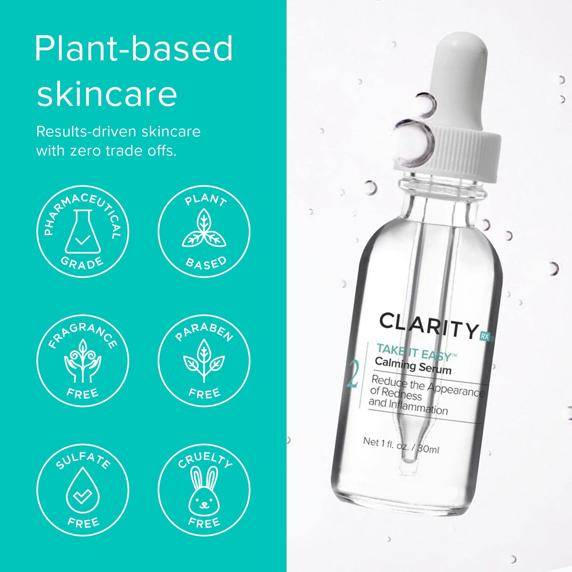 ClarityRx Take It Easy Calming Face Serum, Natural Plant-Based Anti-Redness Treatment for Sensitive Skin & Rosacea
