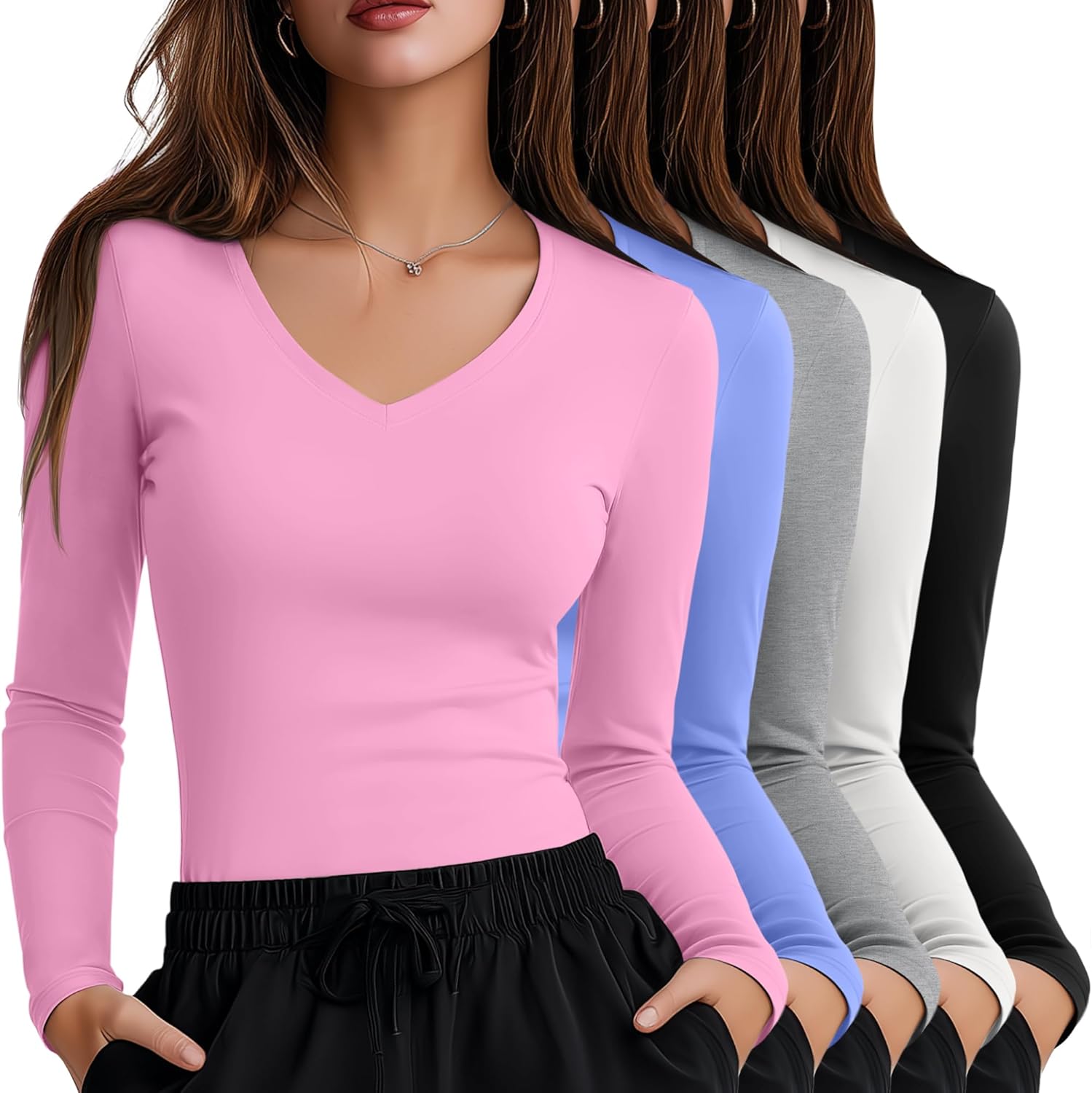 5 Pack Women's Long Sleeve Under Scrubs V Neck Fitted Undershirts Basic Layering Tops for Nurse