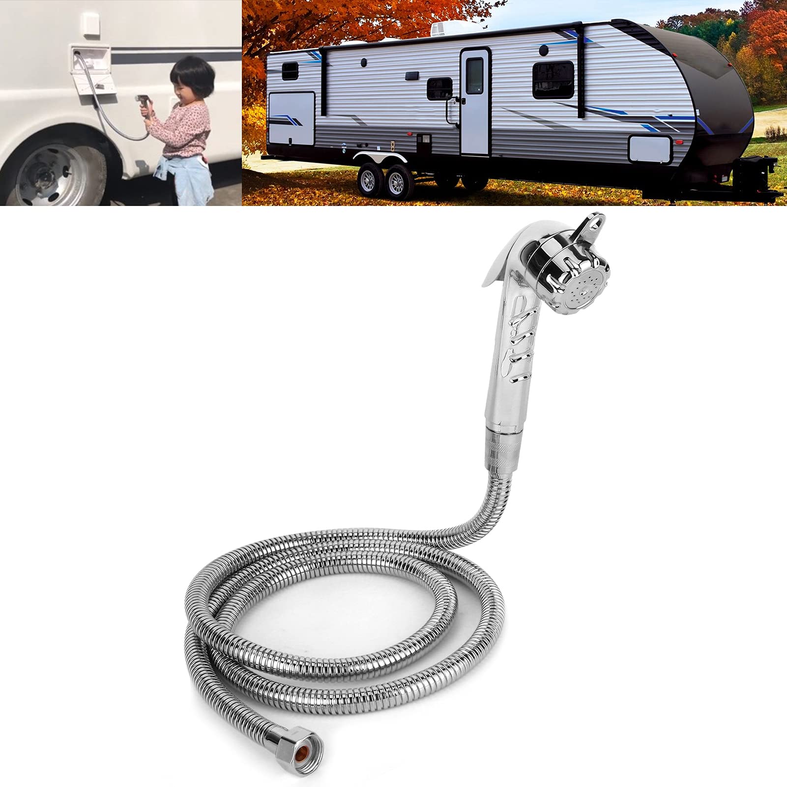 Kit de Tuyau de Pomme de Douche en Acier Inoxydable pour Camping-car, Alimentation en Eau Extérieure avec Tuyau de 1,5 M pour Camping-cars, Camping-cars, Yachts, Taille Compacte,