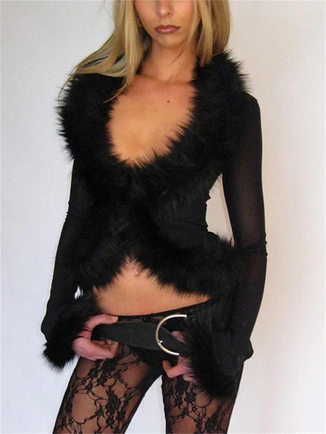 Women Mesh Faux Fur Trim Top Sexy Sheer Fuzzy Long Sleeve V Neck Open Front Crop Shirt Y2k Fairy Rave Party Clubwear - Image 3