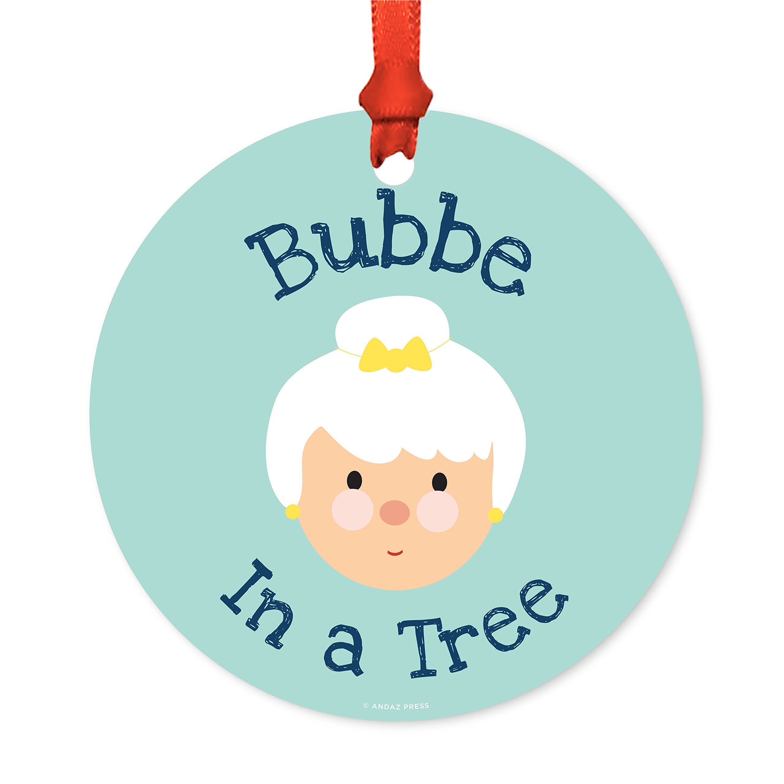 Andaz Press Funny Jewish Family Hanukkah Metal Ornaments, Bubbe in a Tree™, Jewish Yiddish Grandmother Christmas Tree Ornament to Look Over Kids, 1-Pack, Includes Ribbon and Gift Bag