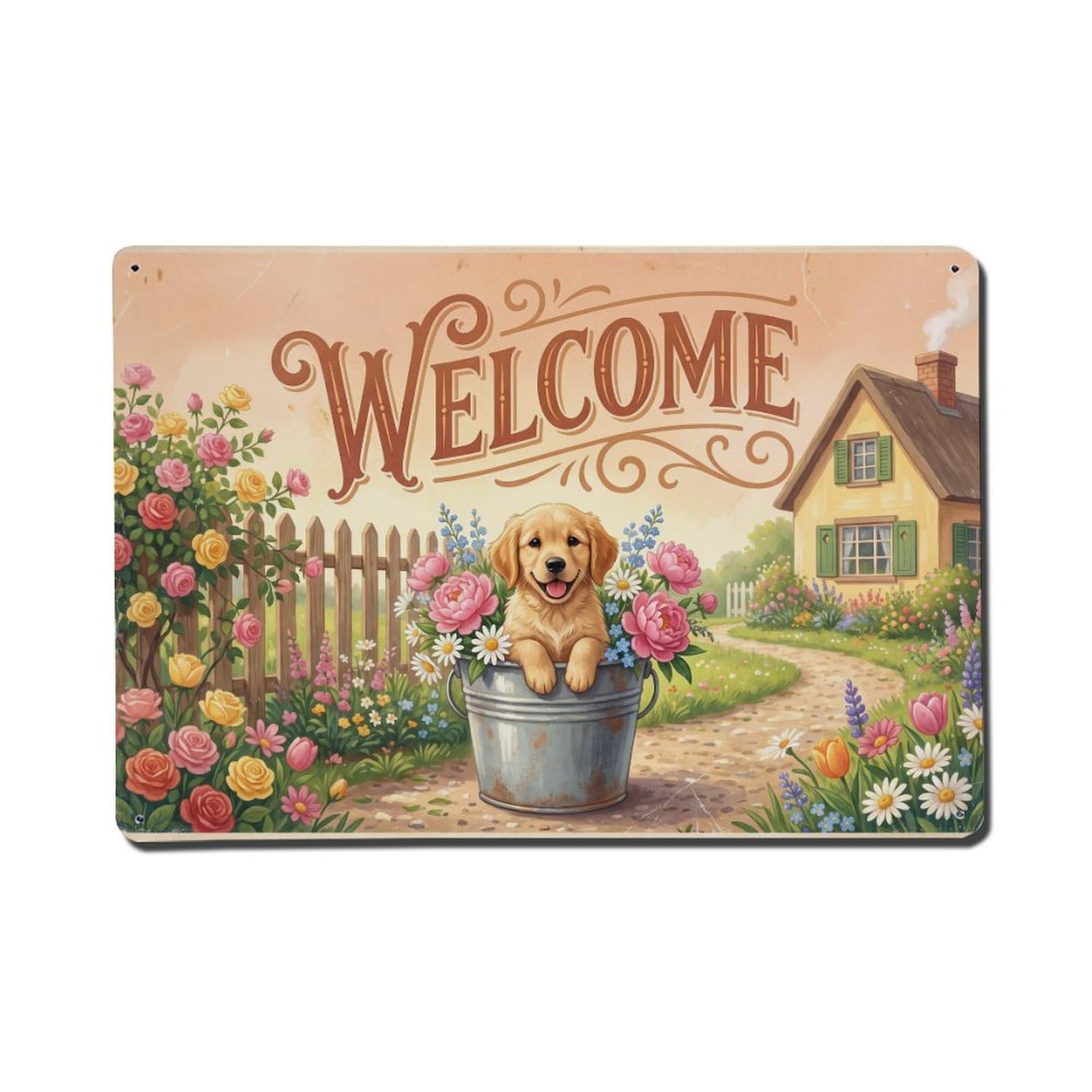 Vintage Welcome Puppy Blooming Season Metal Tin Sign