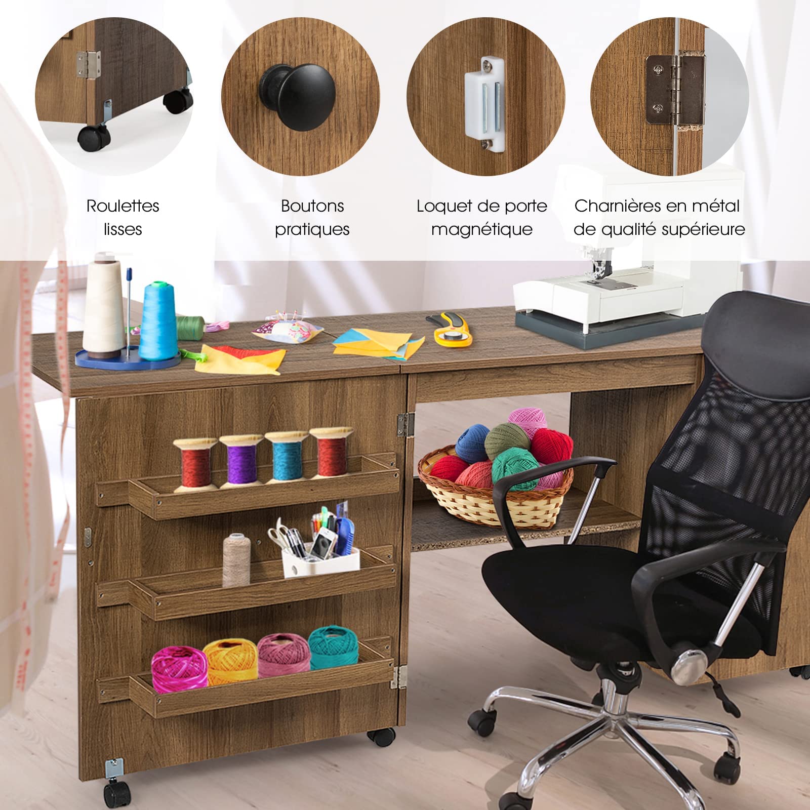 RELAX4LIFE Table de Machine à Coudre Pliable avec 4 Etagères et Armoire Latérale, Armoire à Machine à Coudre avec 6 roulettes et Freins, 158x50x74CM, Blanc/Naturel/Brun (L, Brun)