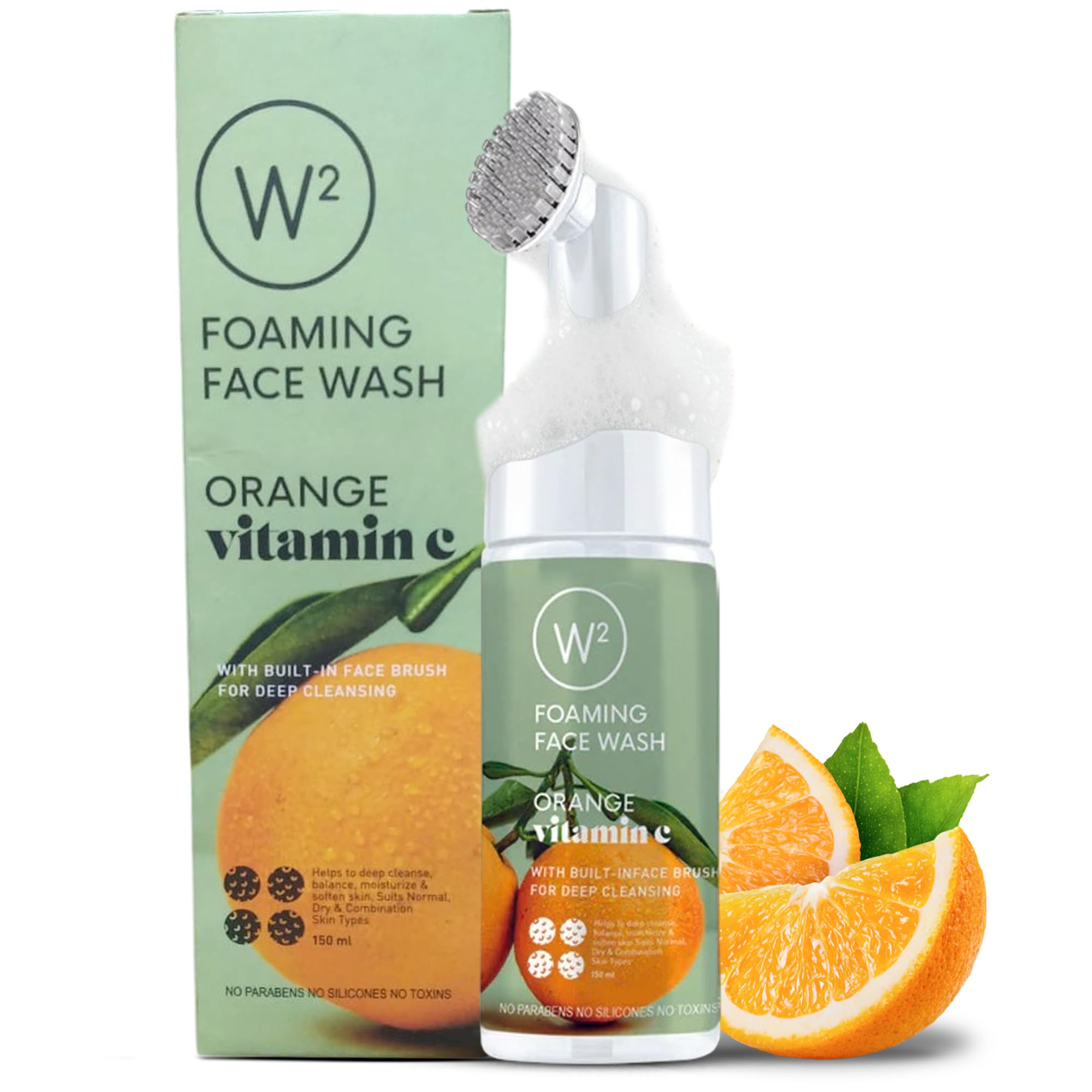 W² Orange Foaming Vitamin C Face Wash with Built-In Brush | Deep Cleansing Foam Cleanser for Glowing Skin | Removes Dirt, Oil & Dullness | With Orange, Lemon, Tea Tree & Niacinamide | For All Skin Types - 150ml