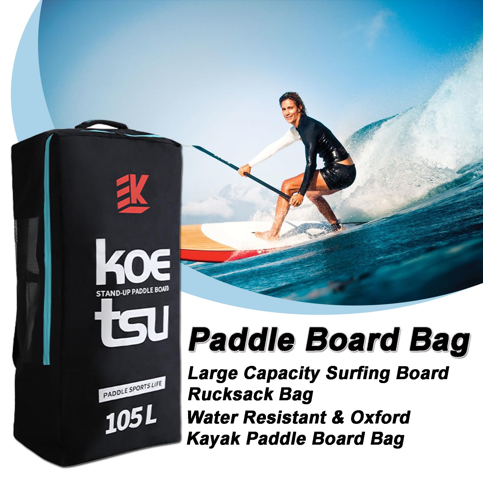 Borsa per tavola da paddle, 80 l/105 l, borsa per kayak gonfiabile, grande capacità, zaino per tavola da surf e sup, borsa impermeabile Oxford per barca in piedi