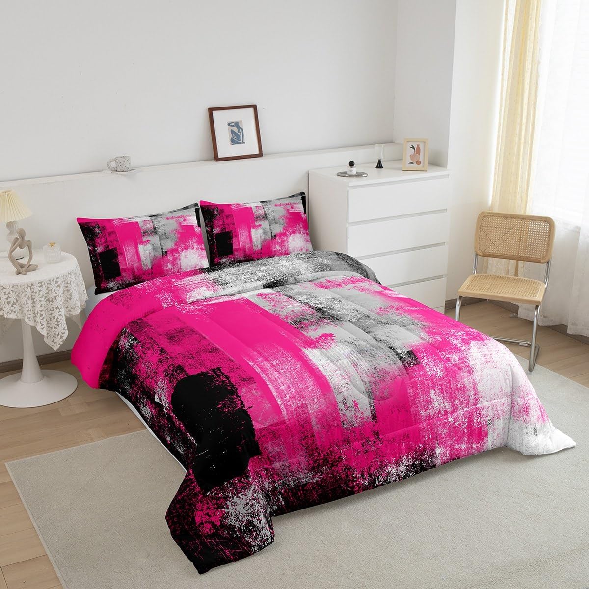 Feelyou Hot Pink Grey Bedding Set Boys Girls Queen Size Abstract Geometric Comforter Set for Kids Ultra Soft Geometric Comforter Buffalo Check Duvet Set Room Decor Quilt Set