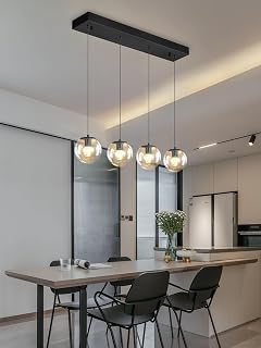 ykolupty Black Chandelier Modern Dining Room Light Fixture 4-Light Glass Globe Kitchen Island Lighting Hanging for Farmhouse Linear Chandeliers Mid Century Chandelier