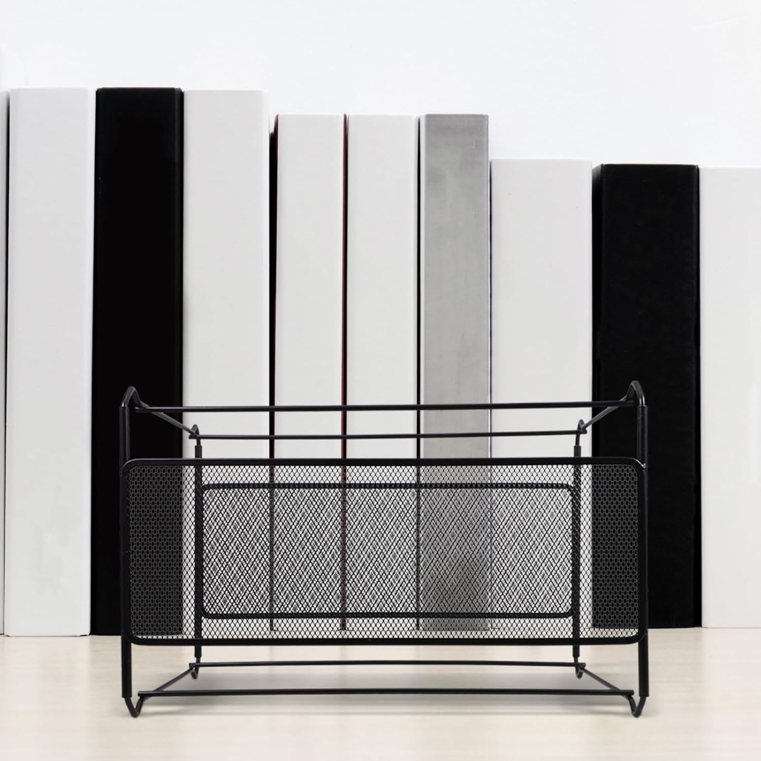 Mesh File Organizer Basket Rack 39x28x25.5cm Large Black Steel Wire Desktop File Holder for Office Document and Magazine Storage