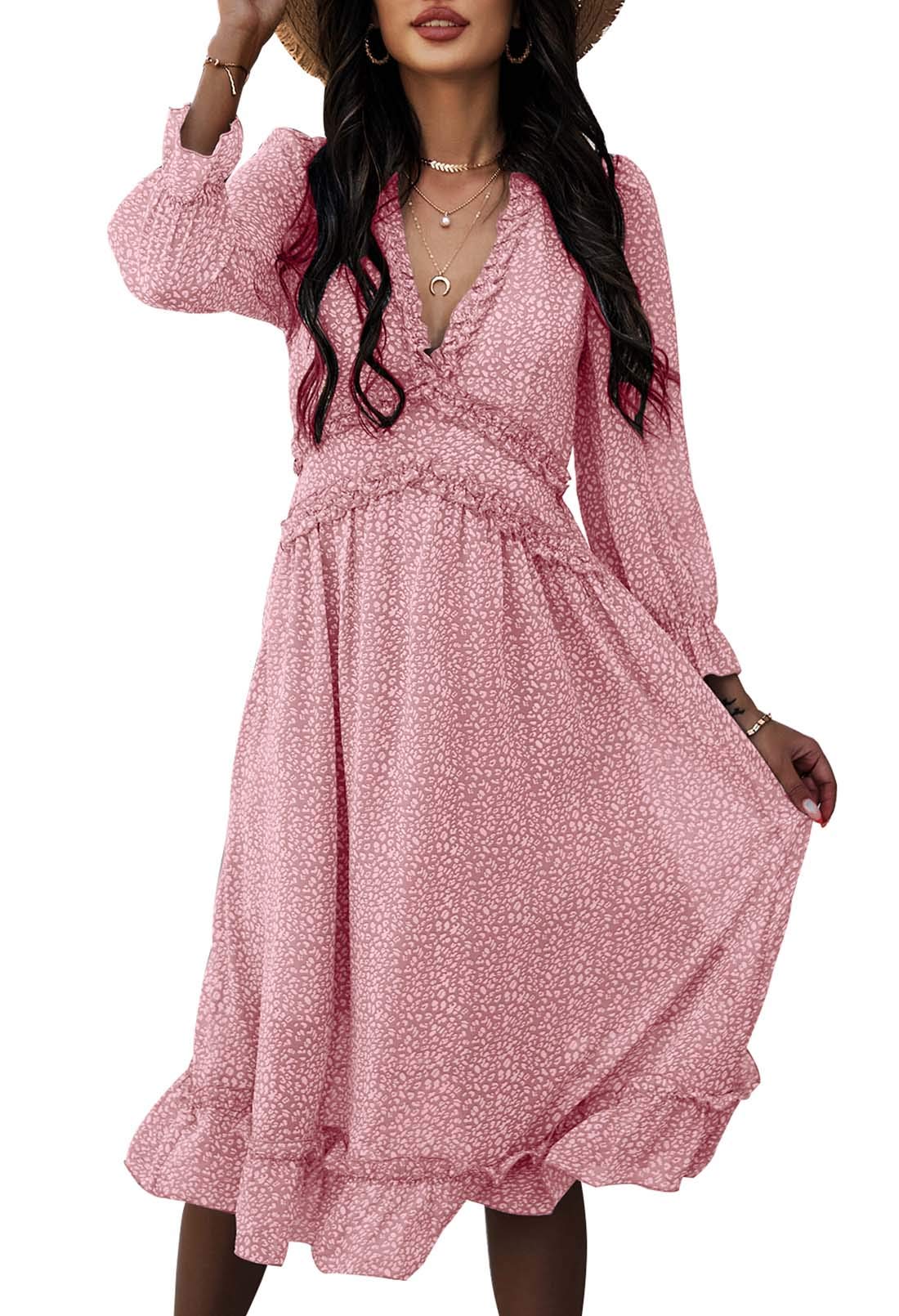 Women's Floral V Neck Ruffle Midi Dress Long Sleeve Flowy Swing Beach Dresses Summer Casual Boho Dress