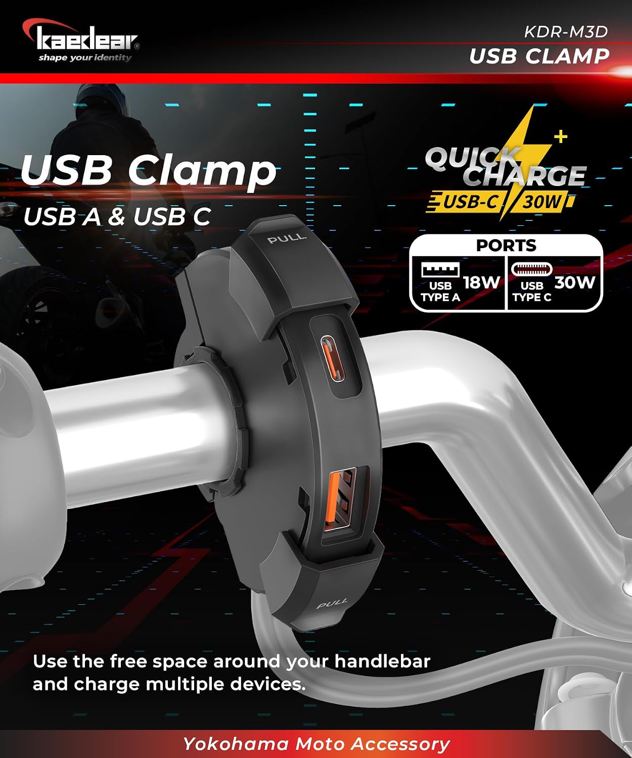 KAEDEAR [Type A + Type C] Motorcycle USB Clamp, Water Resistant, Fast-Charging, PD(30W)+QC3.0(18W), SAE DC 12V, USB Clamp KDR-M3D
