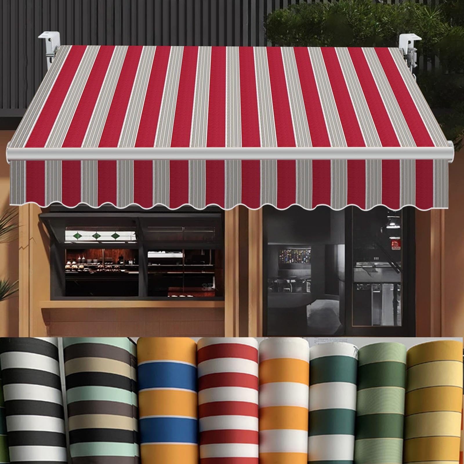 Wysuwana tkanina zastępcza markizy tarasowej – wytrzymały poliester 280 g/m² do ram 35 cm, idealna na patio, balkony i witryny sklepowe (czerwone paski, 3,4 x 2,4 m)