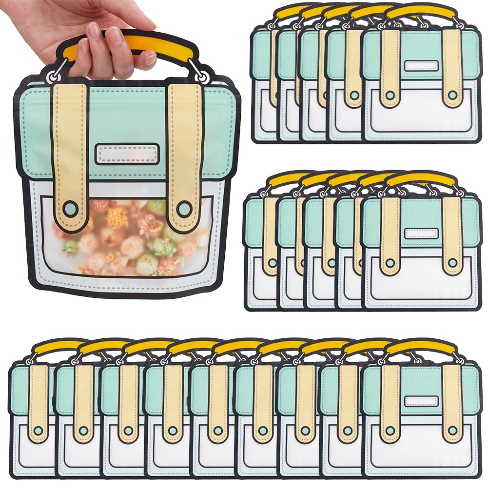 SOFPLATE 20Pcs 18x21cm Plastic Gift Bags Cartoon Backpack Goodie Bag Bulk Green Reusable Back to School Party Favor Bag Ziplock Seal Top Handle Candy Bags for Snack Sweets Packaging Christmas Weddings
