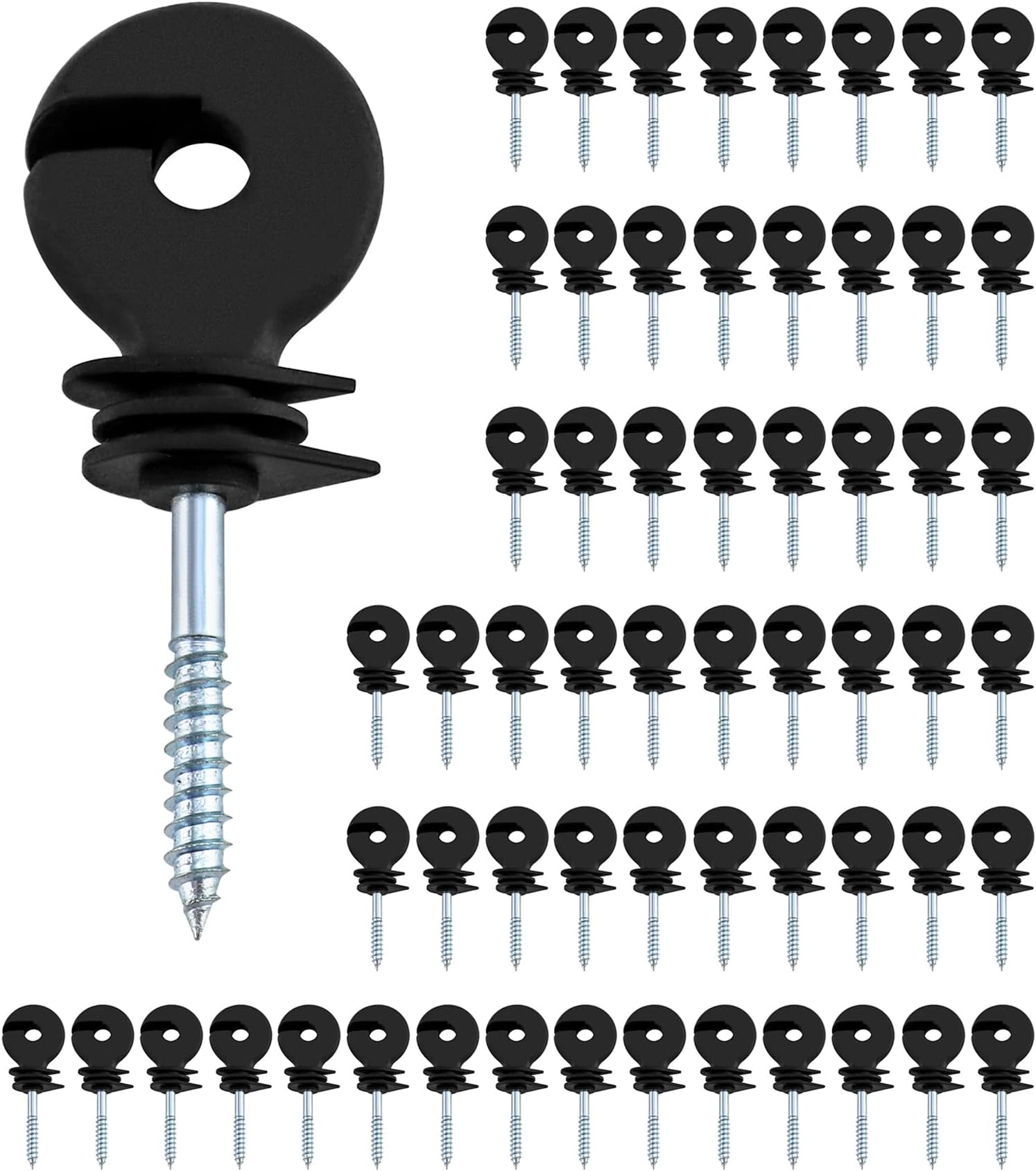 QWORK® 60Pcs Electric Fencing Ring Insulators, Wire Mesh Ring Insulator, Wooden Post Insulator Screw-in, for Ropes, Wires and Strands.