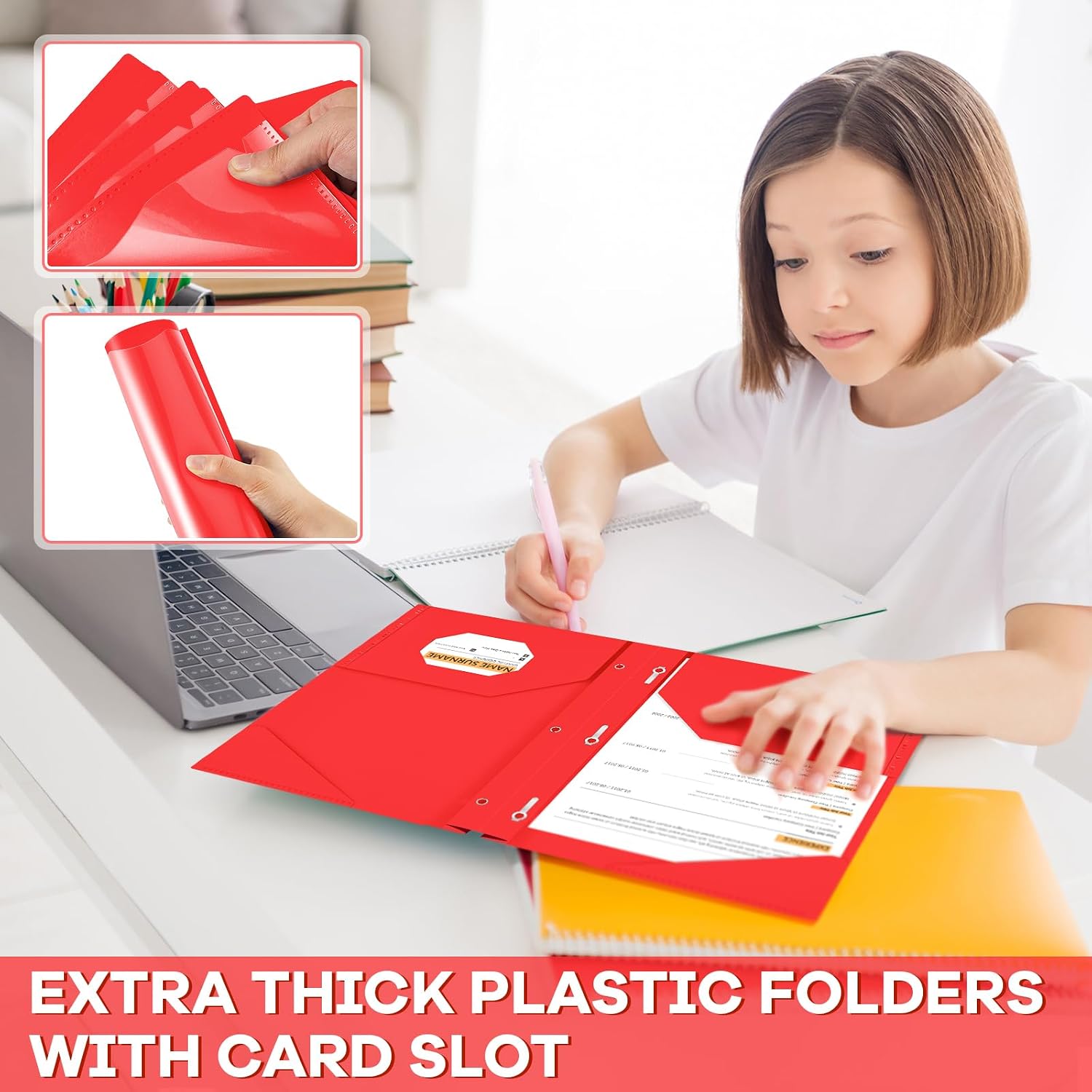 Henoyso 18 Pcs Plastic Folder with Clear Front Pocket and 3 Prong Plastic Folders with Card Slot Pocket Folders with Prongs for School Office (Red)