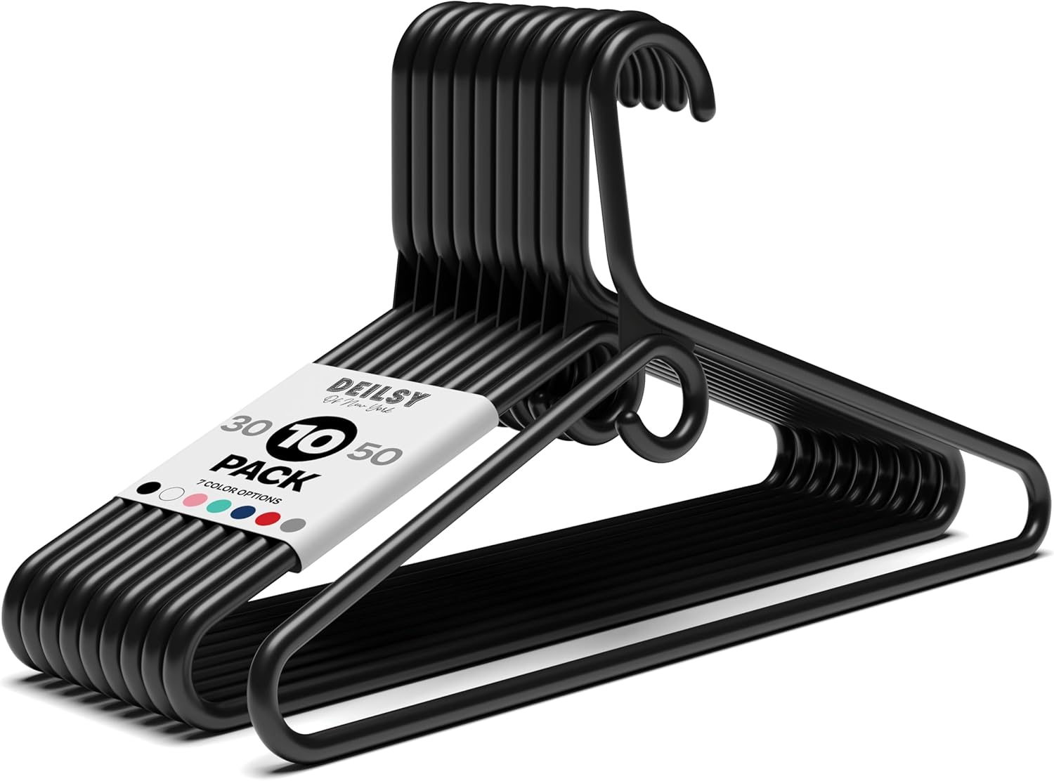 DEILSY™ Black Heavy Duty Hangers with Hooks for Scarves & Belts – Thick and Strong Clothes Hangers for Shirts, Jackets, Pants, and Dresses – Space-Saving Plastic Hangers – Pack of 10