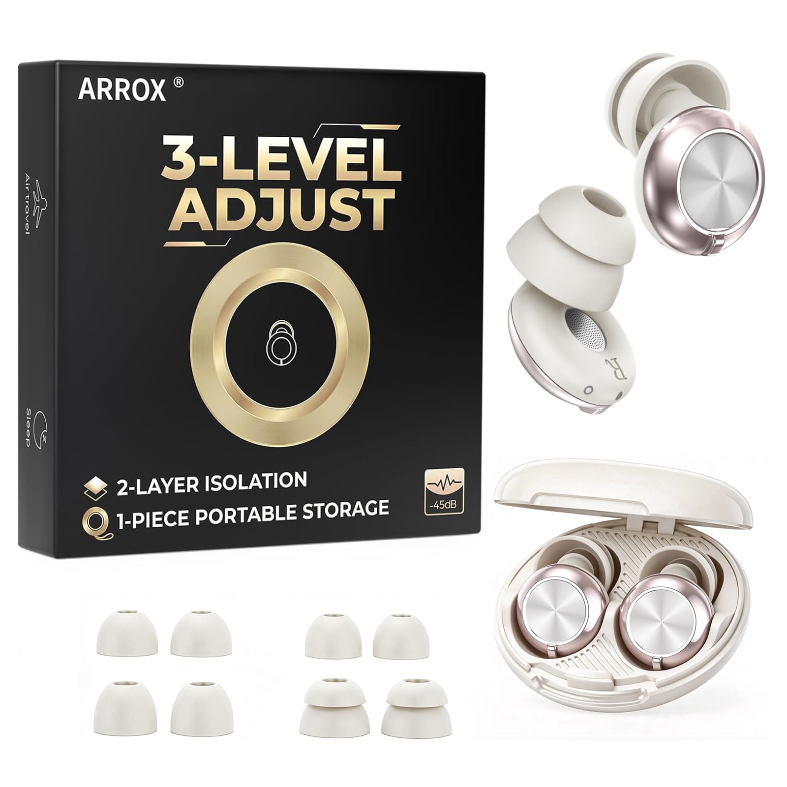 ARROX Adjustable Ear Plugs for Sleeping, 3 Noise Relief Modes (13-45 dB), Double-Layer Ultra-Soft Silicone Earplugs, Reusable Ear plugs for Concerts, Deep Focus, Side Sleepers & Travel, 4 Size Eartips — view 10