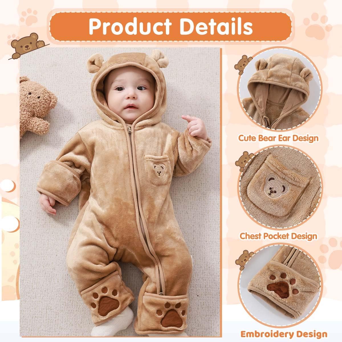 Fairy Baby Newborn Baby Bear Outfit With Fold-Over Mittens Footies Thin Fleece Romper Hooded Jumpsuit Winter Coat Girls Boys - Image 2
