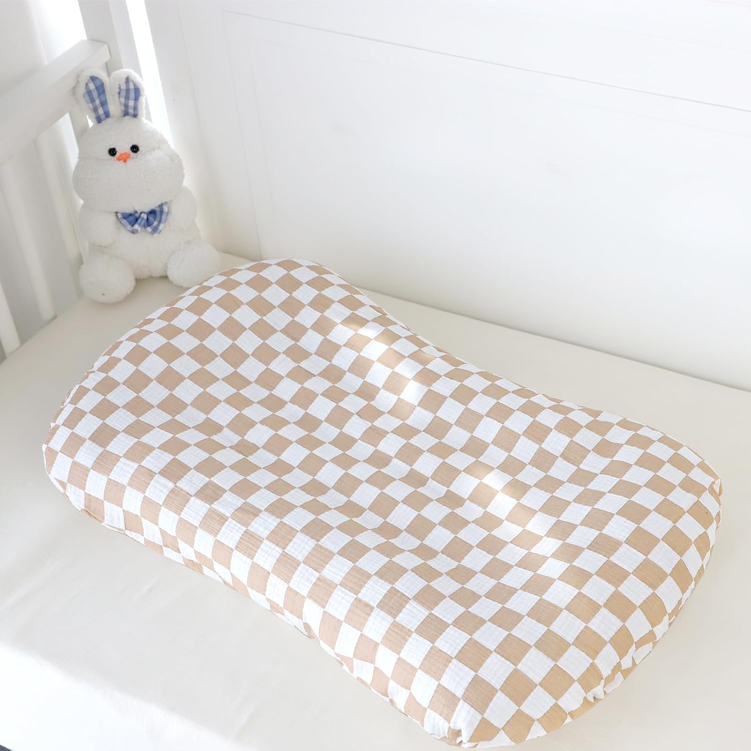 2 Pack Muslin Baby Lounger Covers and Muslin Car Seat Covers for Babies, Brown Checkered