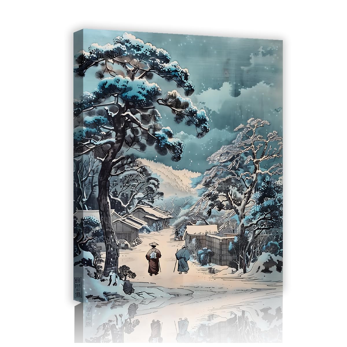 Via Vela Paysage traditionnel hivernal japonais Art mural mural Fresque de village enneigé Œuvre orientale Affiche pour décoration de buanderie 90x120cm