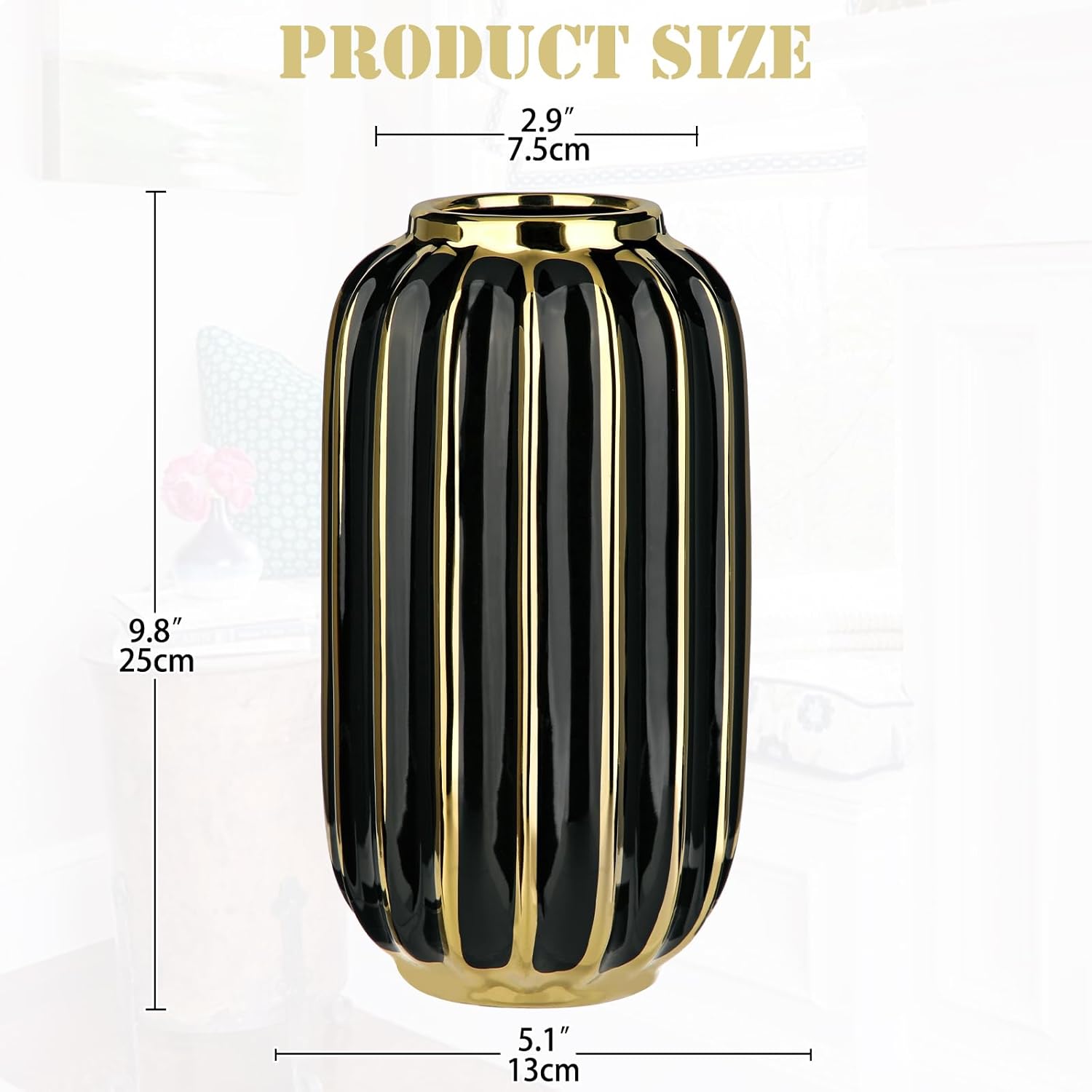 Briful Gold Plated Lantern Ceramic Vase Home Decor Creative Design Porcelain Decorative Flower Vase 11.02'' Black Ceramic Vases for Wedding Anniversary Decoration - Image 2