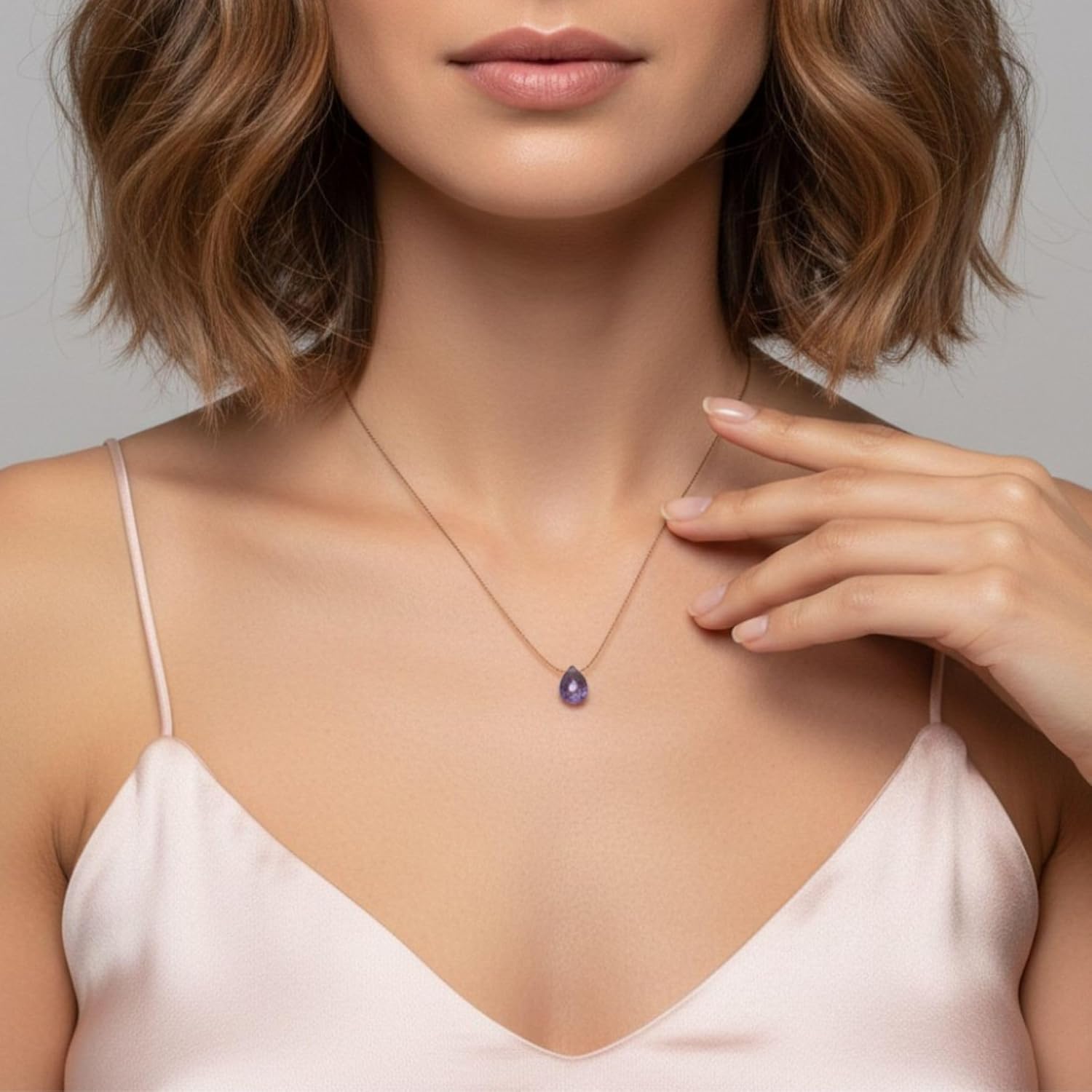 Luck Strings Tanzanite Silk Cord Necklace – Floating Briolette Crystal Minimalist Jewelry – Pear-Cut Gemstone Necklace with Sterling Silver or Gold-Filled Clasp - Image 6