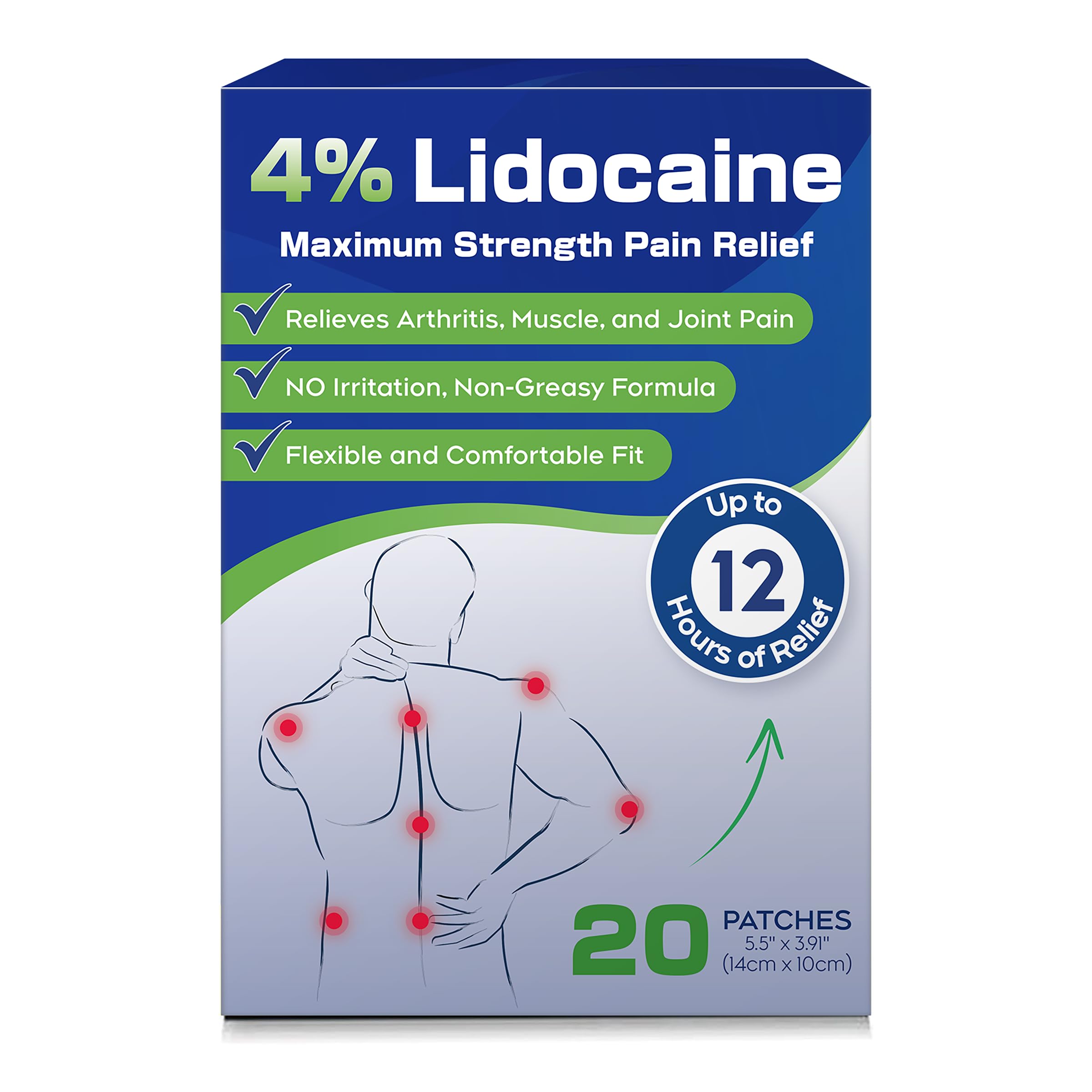 4% Lidocaine Pain Relief Patches Maximum Strength, Low Odor, 20 Count- 0123 | Fast-Acting Numbing Gel Patch, Up to 12 Hours of Relief for Back, Neck, Shoulder & Muscle Pain