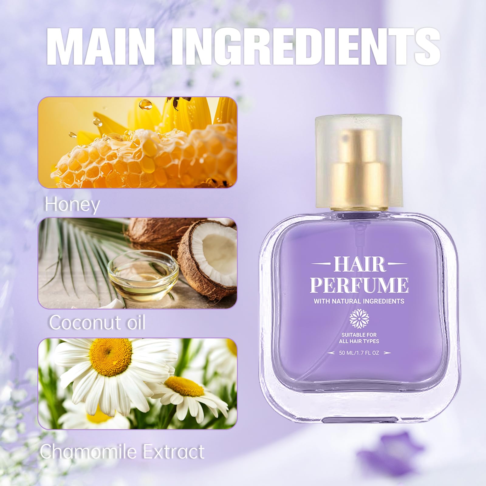 Hair Perfume, Honey Infused Hair Perfume for Woman, 50ml + 10ml Travel Size Hair Fragrance Odors Remove and Nourishing Hair, Premium and Long-lasting Scent, 1.75 Fl. Oz (purple)