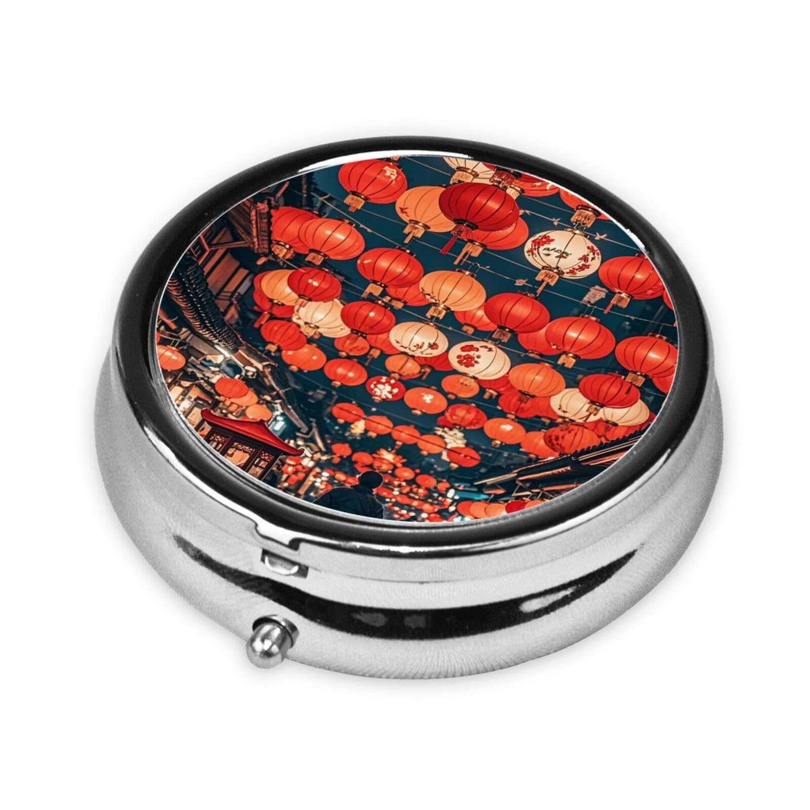 Christmas Red Lantern Print Pill Box,3 Grid Small Pill Case for Purse and Pocket,Portable Medicine Pill Container