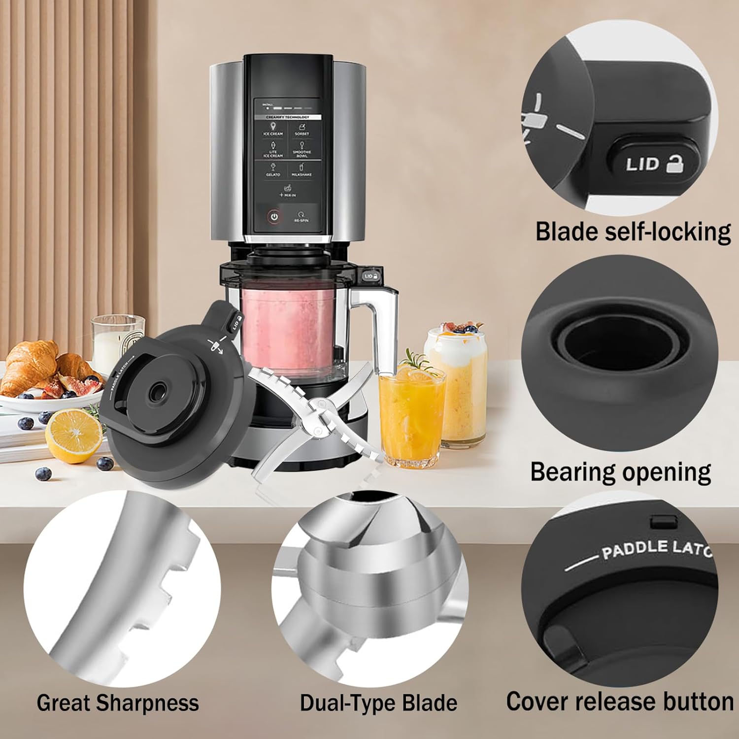 Outer Bowl Lid for Ninja NC500 & NC501Ice Creami Deluxe, for Ninja Ice Cream Maker Accessories, for Ninja Creami Lid Replacement with Blade, Reusable Creami Replacement Parts, Available in Dishwashers