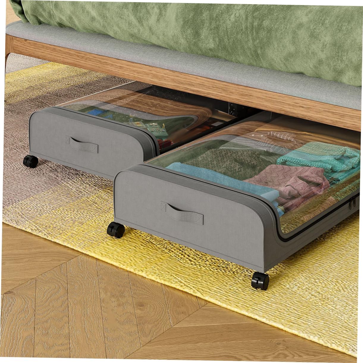 Unomor Bed Storage Wheels Bedding Holder Lid Clothes Storage Bin Quilt Organizer Gray