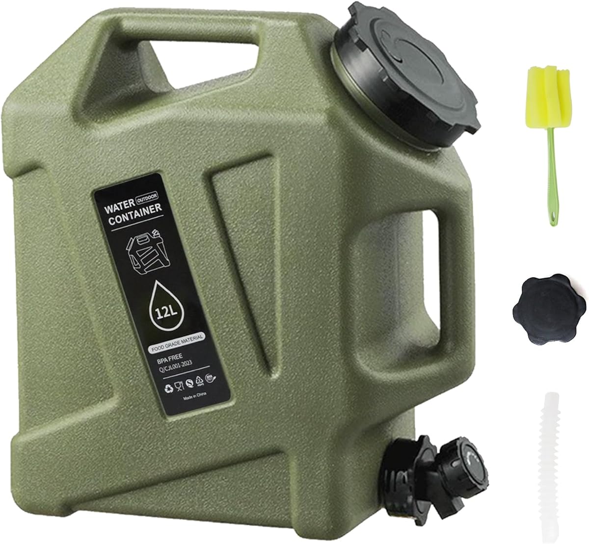 3.2 Gallon Water Jug,12L Portable Water Container with Spigot, Cleaning Brush, Detachable Hose & Extra Lid, Dual Handles Design, BPA-Free Camping Hydration Canteen, Outdoor Tank Storage PE - Green