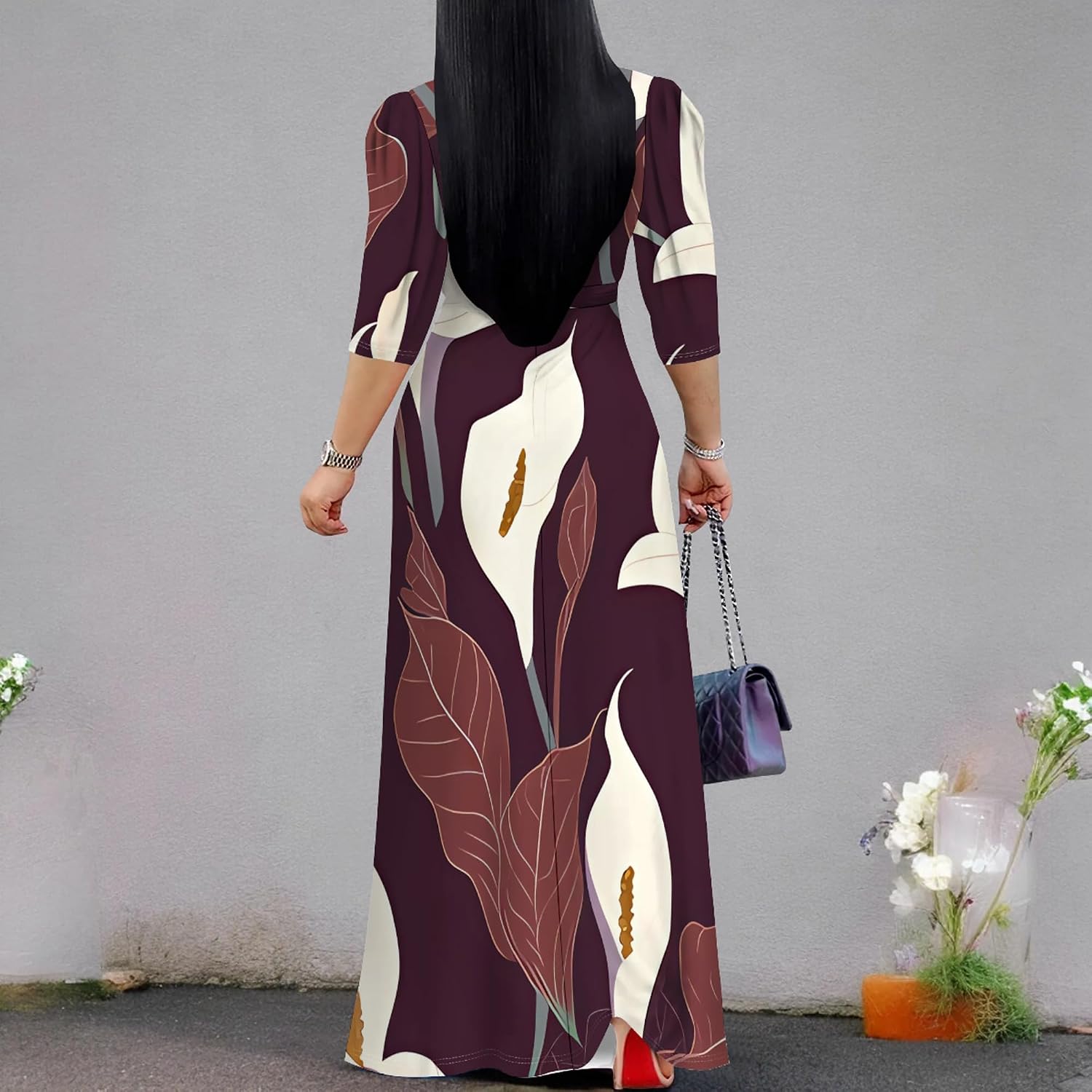 Maxi Wrap Dresses for Curvy Women 2025 3/4 Sleeve Sexy V Neck Boho Long Dress with Belt Cocktail Party Sundress