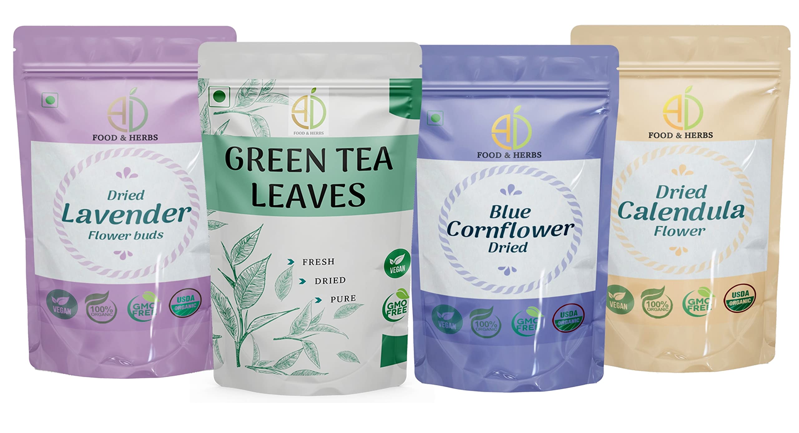 A D Food & Herbs Combo of Green Tea Leaves & Lavender/Blue Corn/Calendula Dried Flowers - All Natural Flavour, Zero Calories (20 GMS x Pack of 4) (B0C1C3XD22) Amazon Price History, Amazon Price Tracker