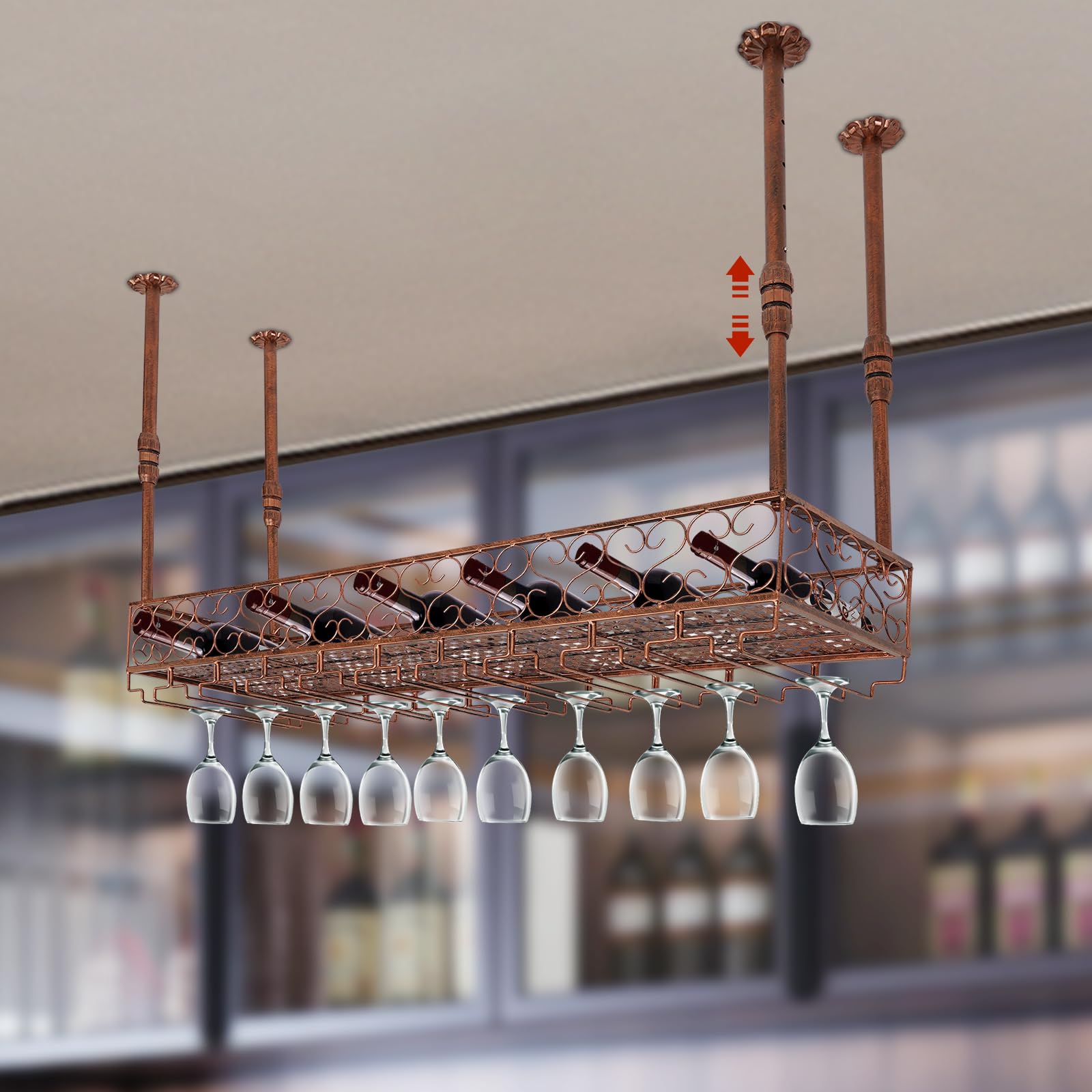 Estante de techo, estante para vino de montaje en techo, altura ajustable, 35-55 cm, soporte para copas de vino retro para habitaciones con una altura de 7,71 – 8,37 pies, cocinas, bares,
