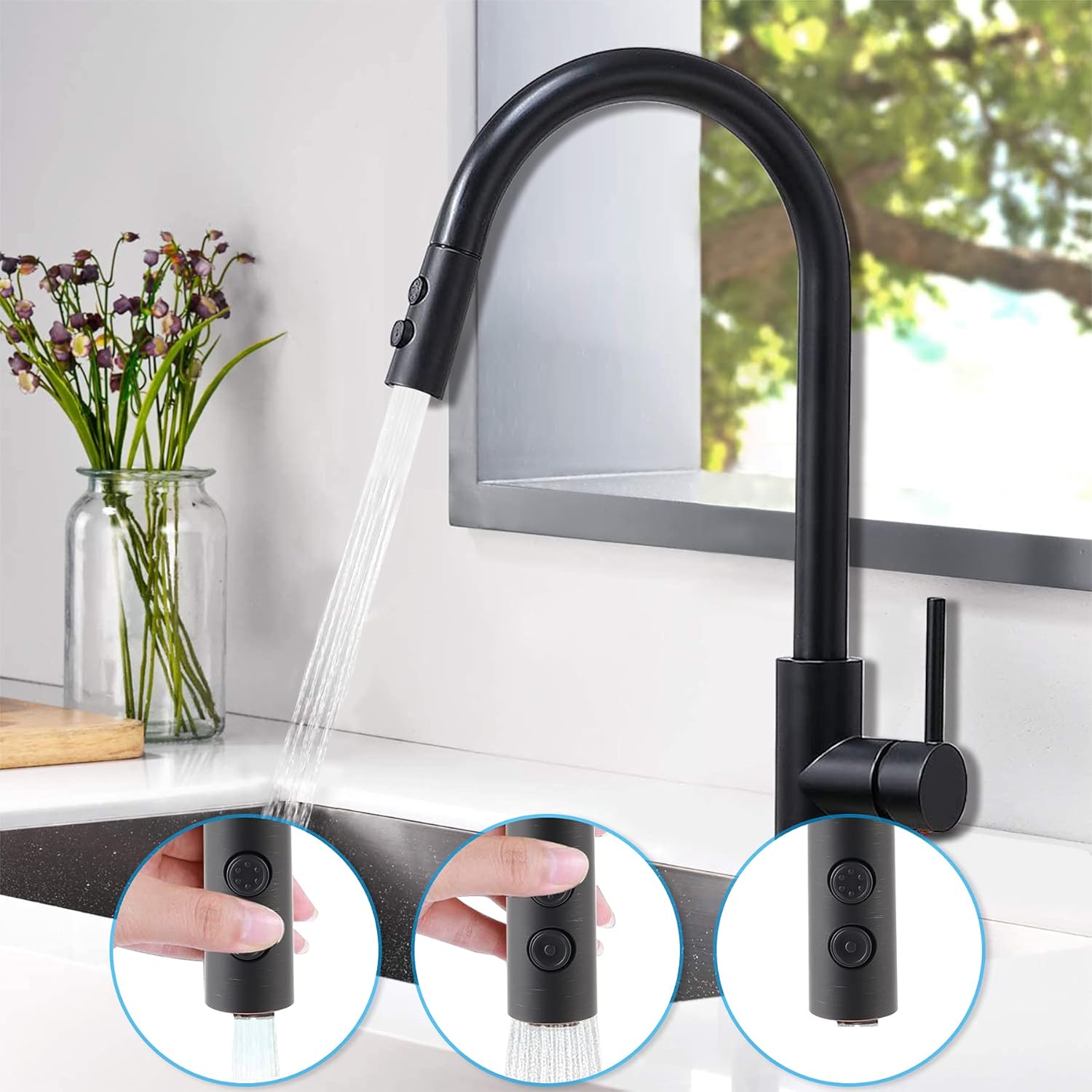 Hibbent Pull Out Sink Sprayer Head Replacement, 2 Function Kitchen Faucet Head, Bathroom Pull Down Spray Head with G1/2 or 13/16 Inch Male Connector, Oil-Rubbed Bronze